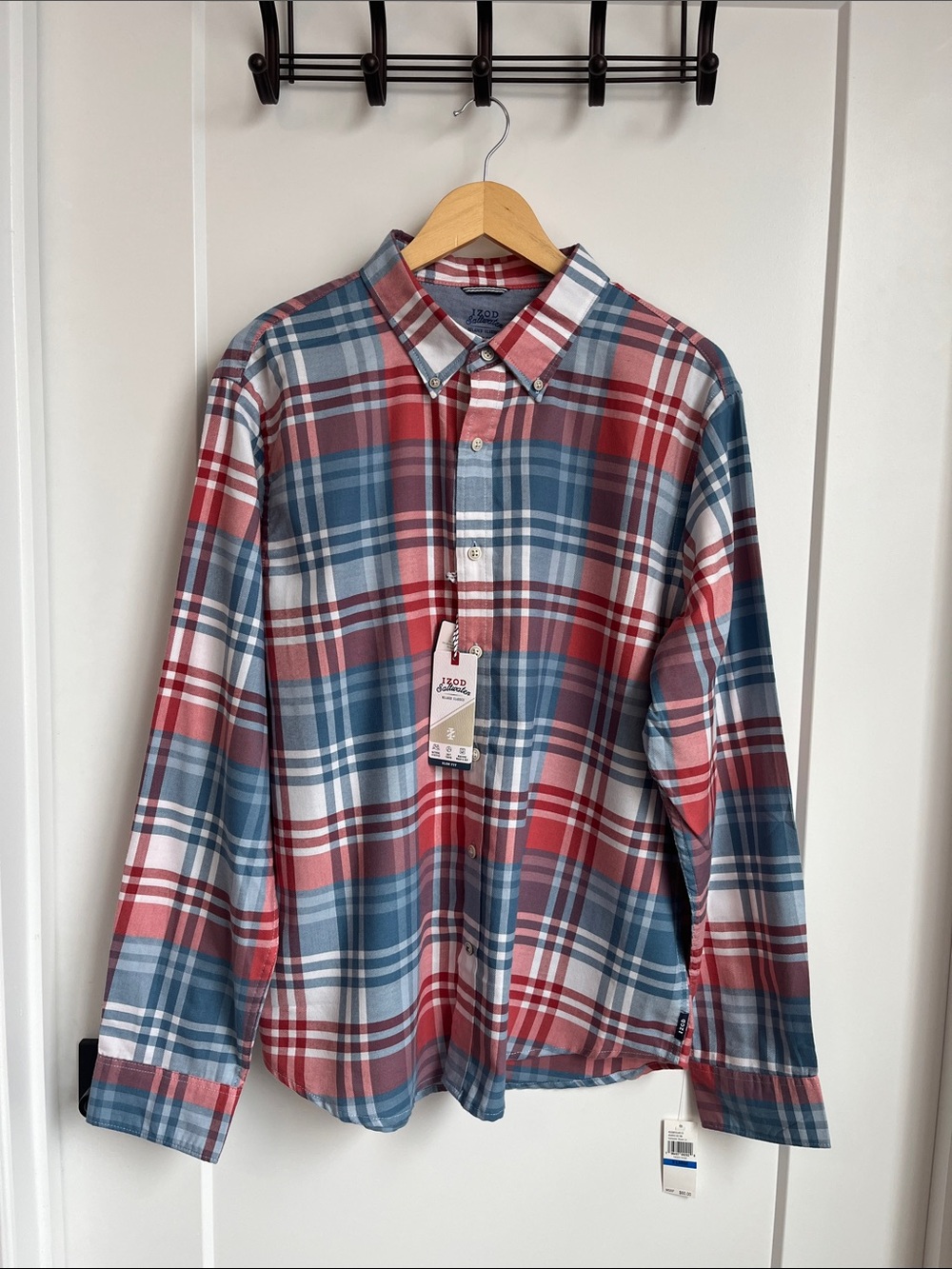 Izod Saltwater Men’s Red, Blue & White Plaid Button-Down Shirt Size XL NWT